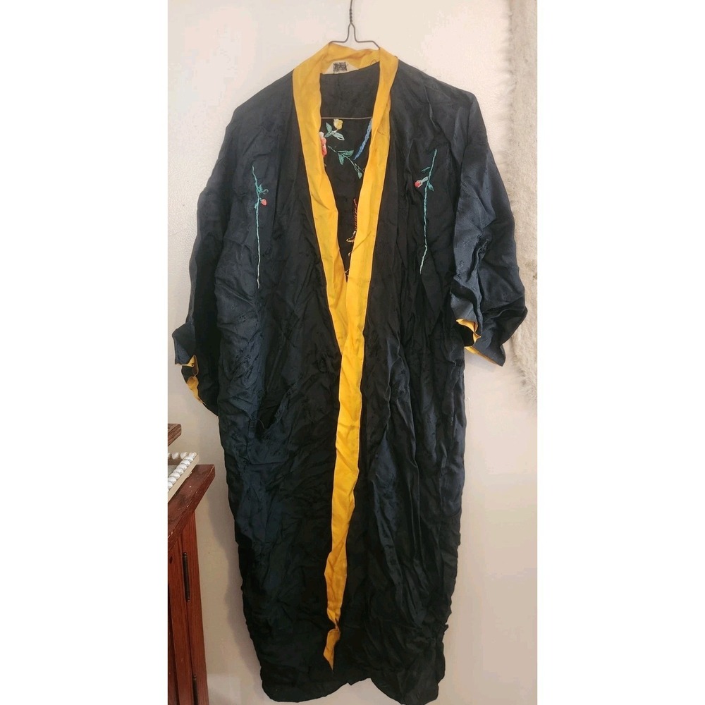 Beautiful Hand Embroidered Arldon Lingerie Kimono Made In Japan Black Yellow 48"